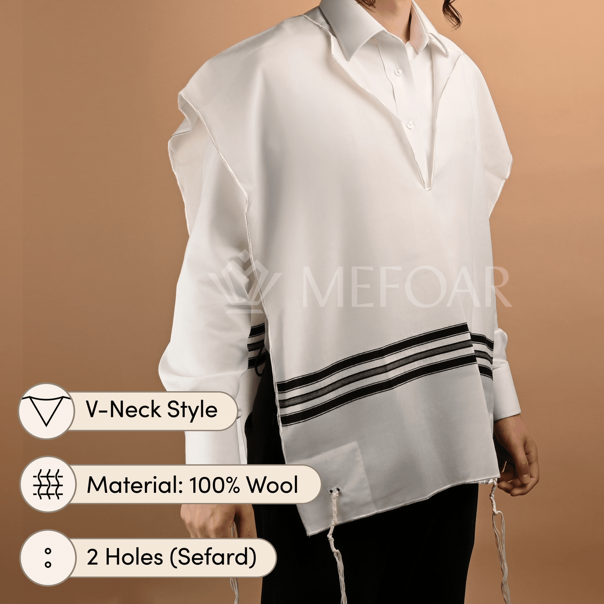 Malchut Wool Tzitzis – V-Neck, 2 Hole, Ashkenaz, Stain Proof, Thick Strings – Adult