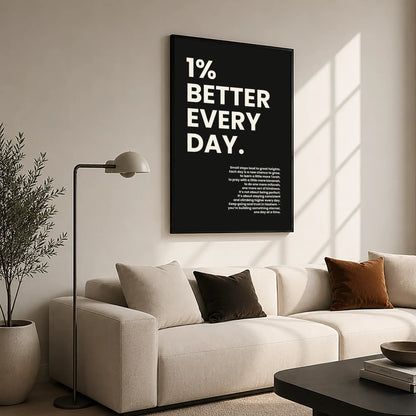 1% Better Every Day black framed Jewish wall art hanging above sofa in living room