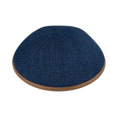 iKippah Navy Burlap W/ Camel Leather Rim