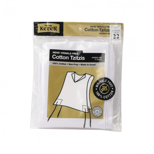 Keter 100% Cotton Wrinkle-Free Tzitzis – V-Neck, 2 Hole, Ashkenaz – Adult