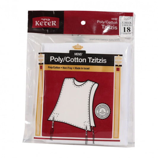 Keter Polycotton Tzitzis – V-Neck, 2 Hole, Ashkenaz, Thick Strings – Adult