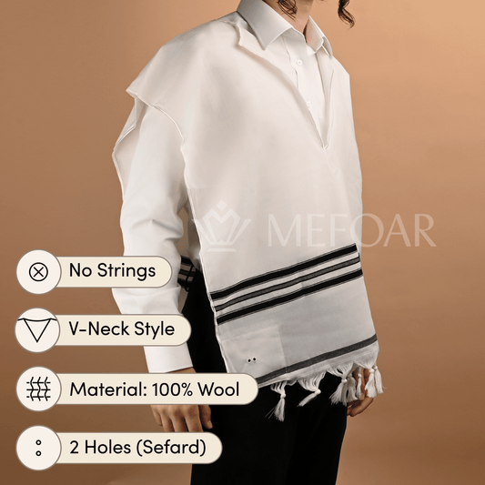 Keter Wool Tzitzis – V-Neck, 2 Hole, With Fringes, Without Strings – Adult