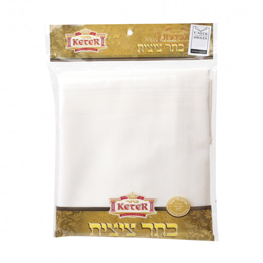Keter Wool Tzitzis – V-Neck, 2 Hole, Ashkenaz, White Stripes, Thick Strings – Adult