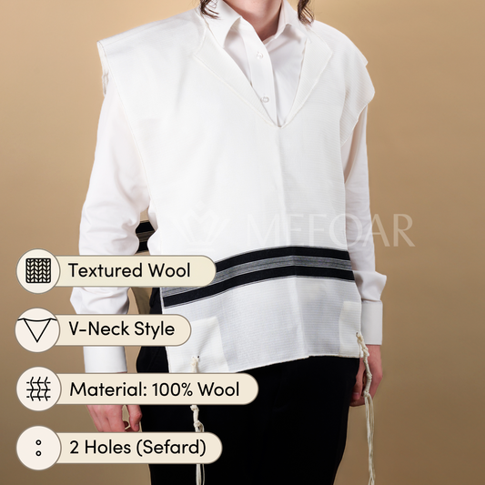 Keter Wool Tzitzis – V-Neck, 2 Hole, Ashkenaz, With Design, Thick Strings – Adult