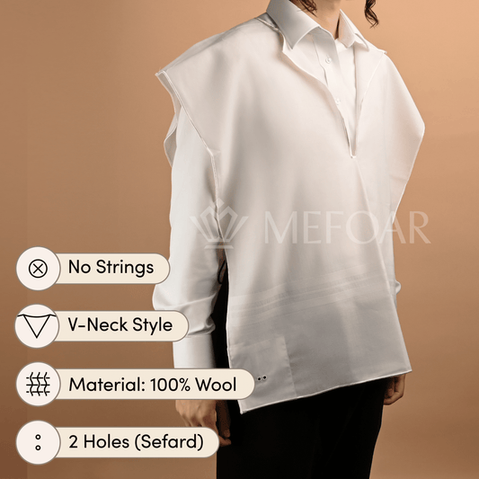 Keter Wool Tzitzis – V-Neck, 2 Hole, White Stripes, Without Strings – Adult