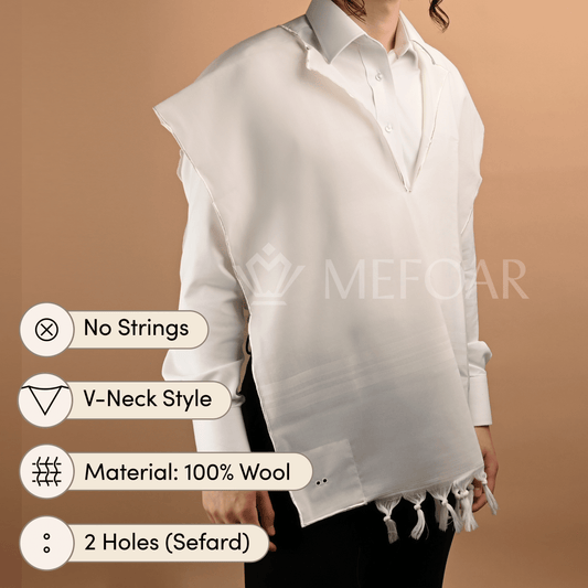 Keter Wool Tzitzis – V-Neck, 2 Hole, White Stripes, With Fringes, Without Strings – Adult