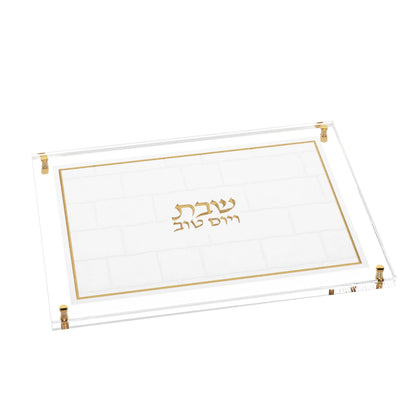 Glass W/Leatherite Challah Board - Stone Design - Gold [FT]