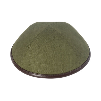 iKippah Olive Green Linen W/ Brown Leather Rim