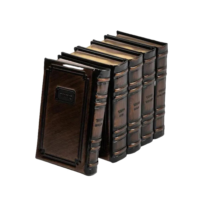 A set of five miniature decorative books with dark brown faux-leather spines and gold-embossed lettering, arranged in a row against a solid black background.