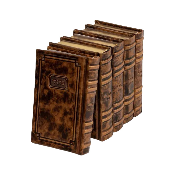 A set of decorative faux antique leather-bound books arranged in a row against a solid black background.