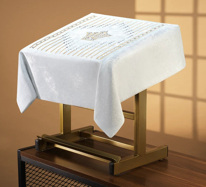 Amud [Shtender] Cover Fitted - Velvet/Crown-Lines- White [MCT]