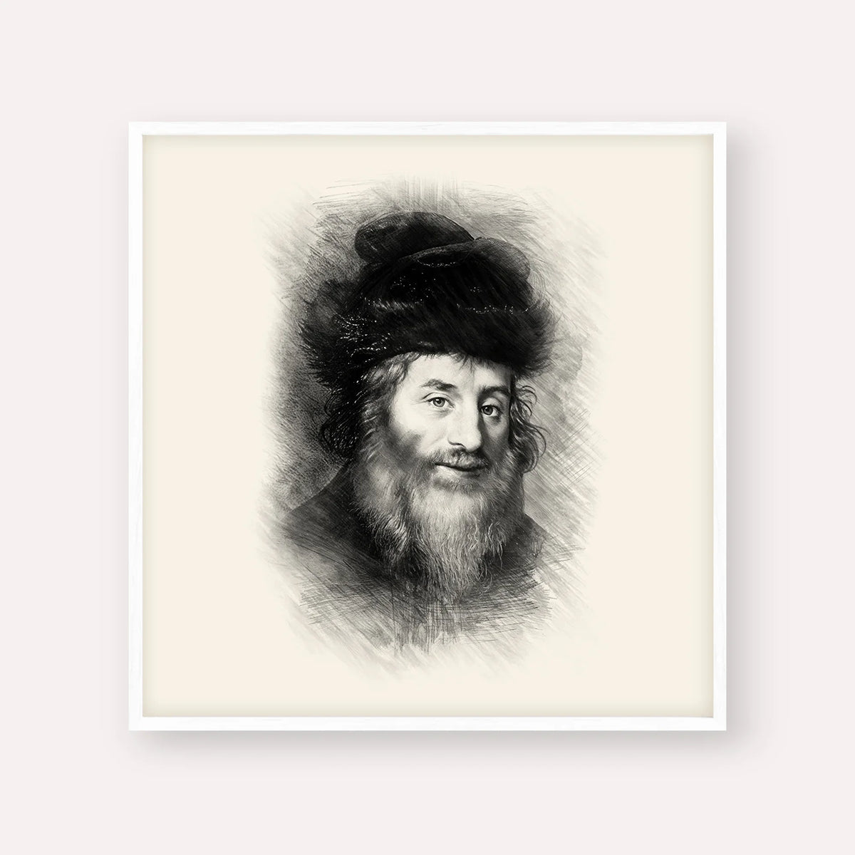 Chatam Sofer – Black & White – White Frame Square | Jewish Wall Art, Gedolim Pictures