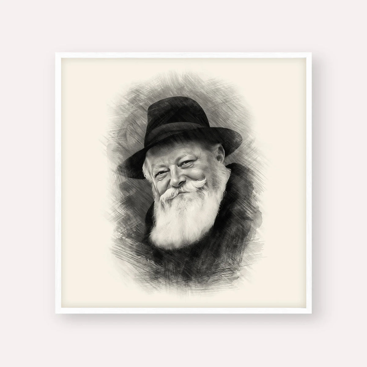 Lubavitcher Rebbe (1) – Black & White – White Frame Square | Jewish Wall Art, Gedolim Pictures
