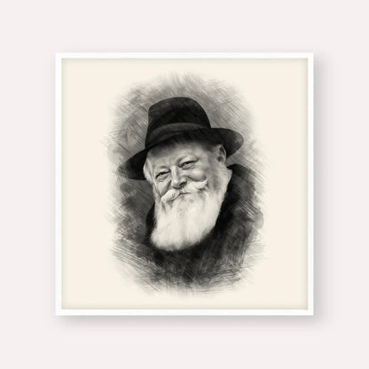 Lubavitcher Rebbe (1) – Black & White – White Frame Square | Jewish Wall Art, Gedolim Pictures