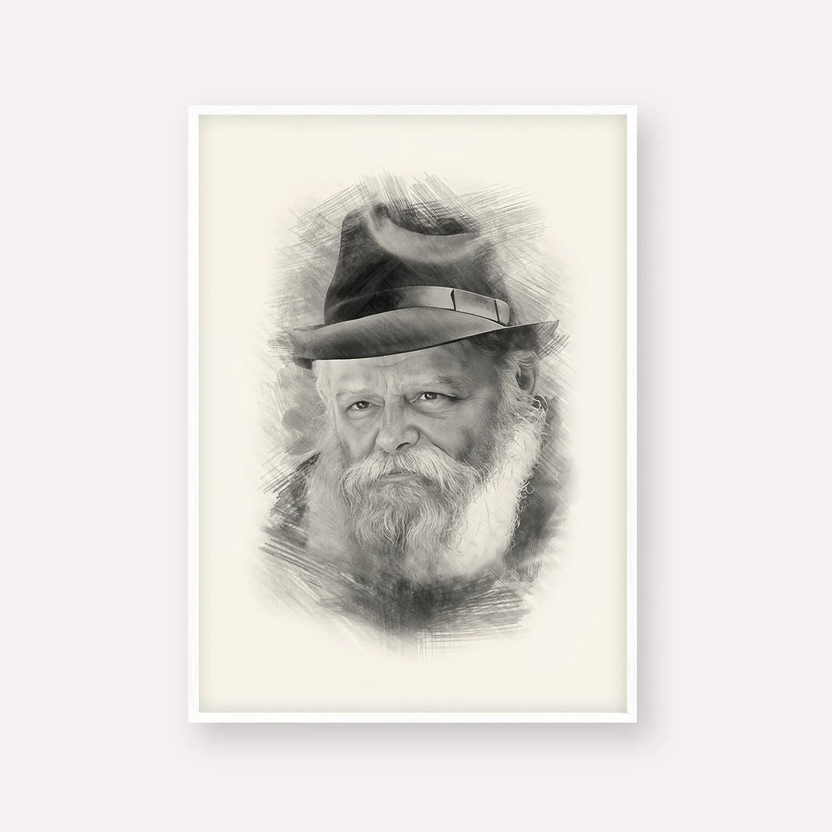 Lubavitcher Rebbe (2) – Black & White – White Frame Vertical | Jewish Wall Art, Gedolim Pictures
