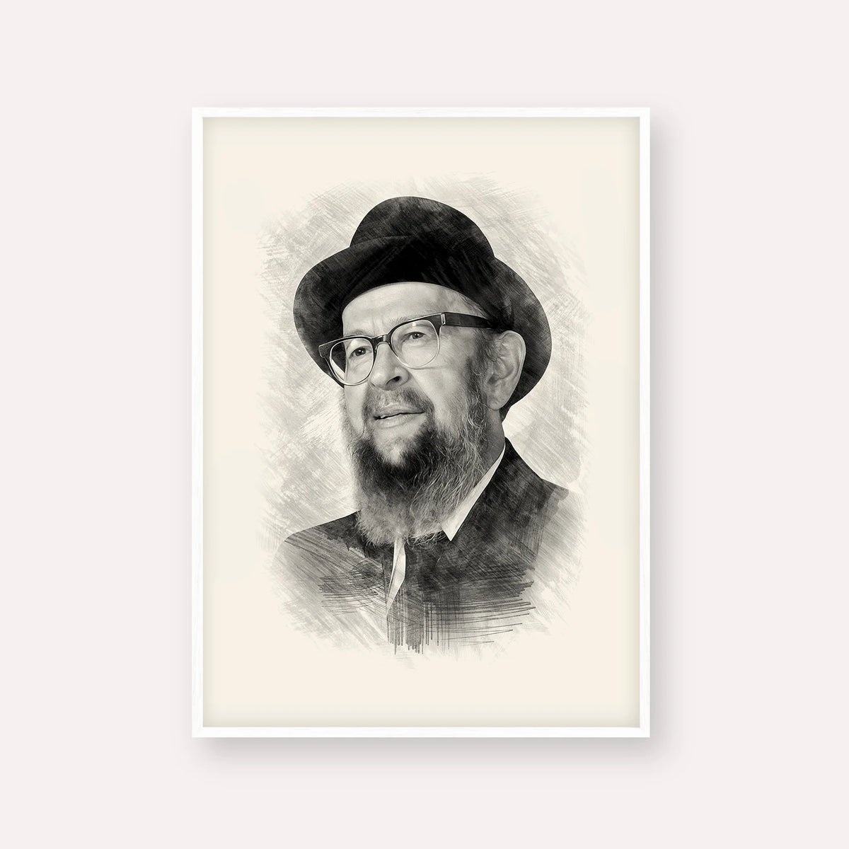 Rabbi Avigdor Miller – Black & White – White Frame Vertical | Jewish Wall Art, Gedolim Pictures