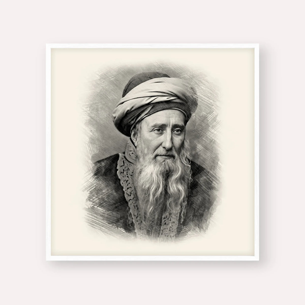 Rabbi Chaim Palagi – Black & White – White Frame Square | Jewish Wall Art, Gedolim Pictures