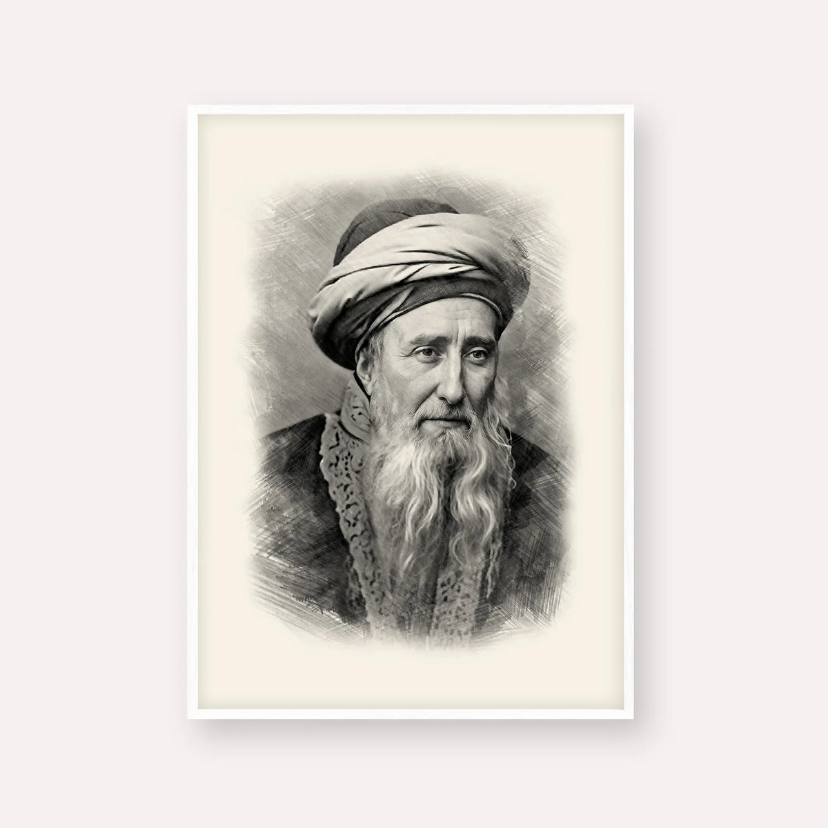 Rabbi Chaim Palagi – Black & White – White Frame Vertical | Jewish Wall Art, Gedolim Pictures