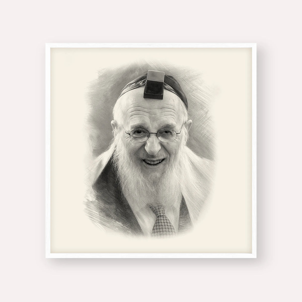 Rabbi Chaim Pinchas Scheinberg – Black & White – White Frame Square | Jewish Wall Art, Gedolim Pictures