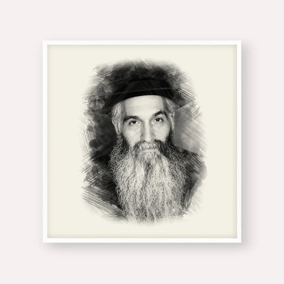 Rabbi David Abuchatzeira – Black & White – White Frame Square | Jewish Wall Art, Gedolim Pictures