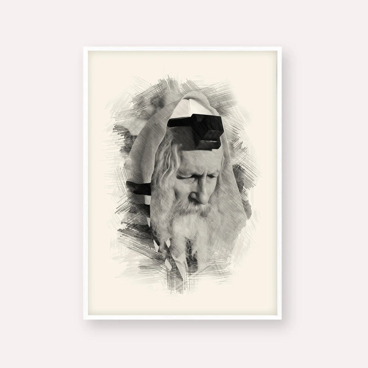 Rabbi Eliezer Berland – Black & White – White Frame Vertical | Jewish Wall Art, Gedolim Pictures
