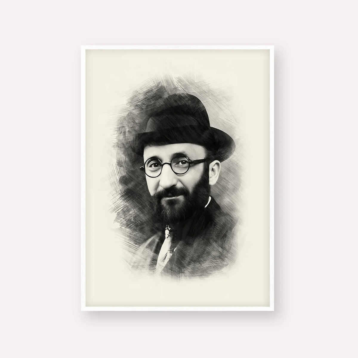 Rabbi Eliyahu Eliezer Dessler – Black & White – White Frame Vertical | Jewish Wall Art, Gedolim Pictures