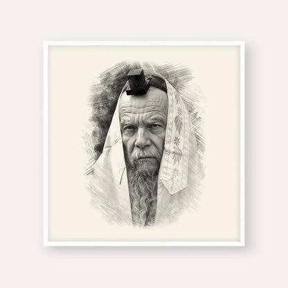 Rabbi Gershon Edelstein – Black & White – White Frame Square | Jewish Wall Art, Gedolim Pictures
