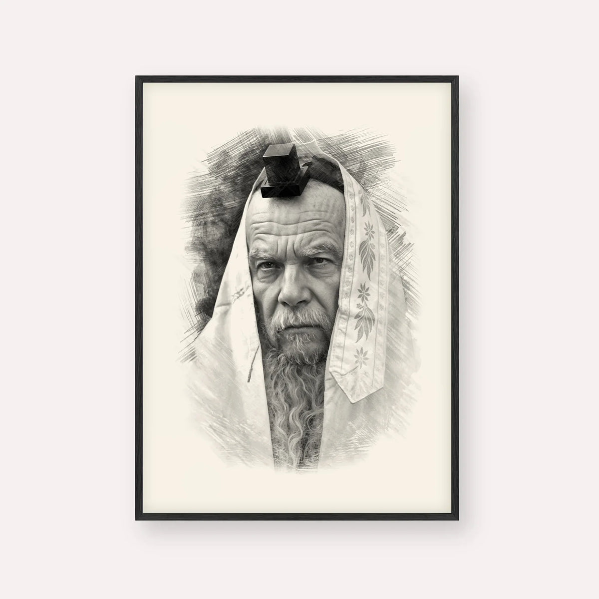 Rabbi Gershon Edelstein – Black & White – Black Frame Vertical | Jewish Wall Art, Gedolim Pictures