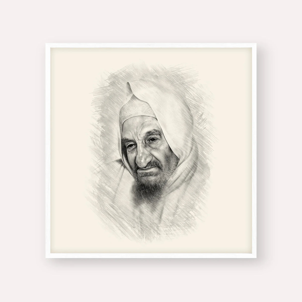 Rabbi Israel Abuhatzeira (Baba Sali) – Black & White – White Frame Square | Jewish Wall Art, Gedolim Pictures