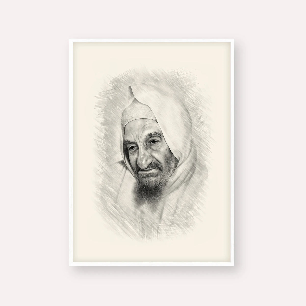 Rabbi Israel Abuhatzeira (Baba Sali) – Black & White – White Frame Vertical | Jewish Wall Art, Gedolim Pictures