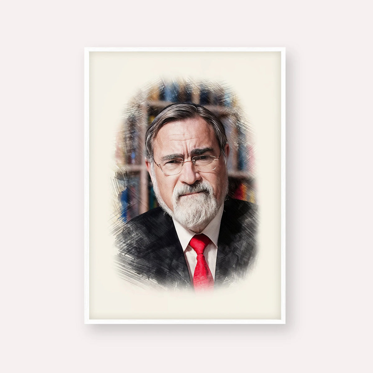 Rabbi Jonathan Sacks – White Frame Vertical | Jewish Wall Art, Gedolim Pictures