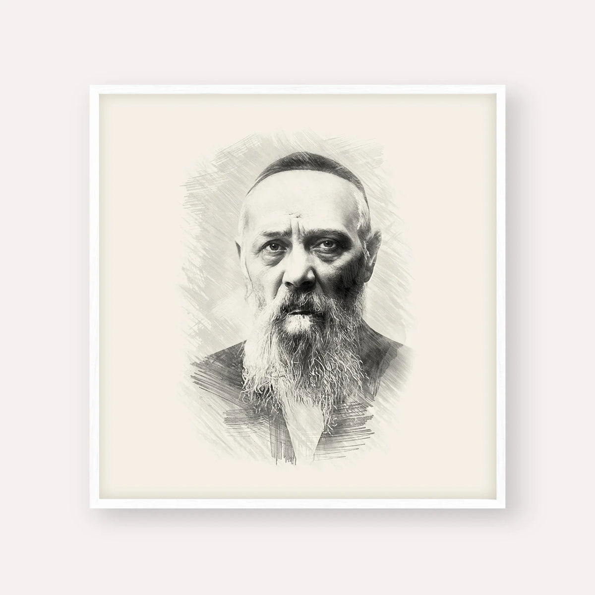 Rabbi Levi Yitzchak Schneerson – Black & White – White Frame Square | Jewish Wall Art, Gedolim Pictures