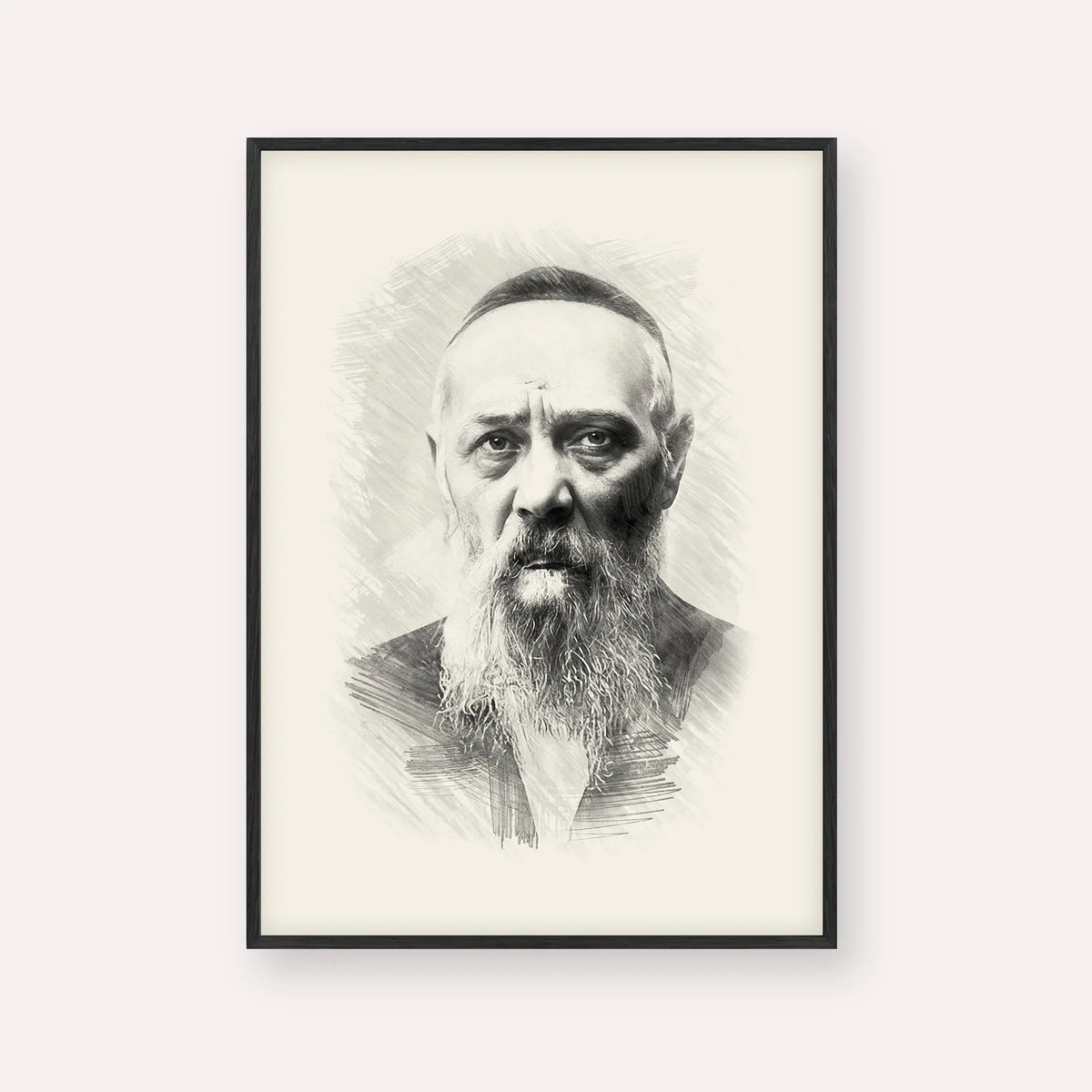 Rabbi Levi Yitzchak Schneerson – Black & White – Black Frame Vertical | Jewish Wall Art, Gedolim Pictures