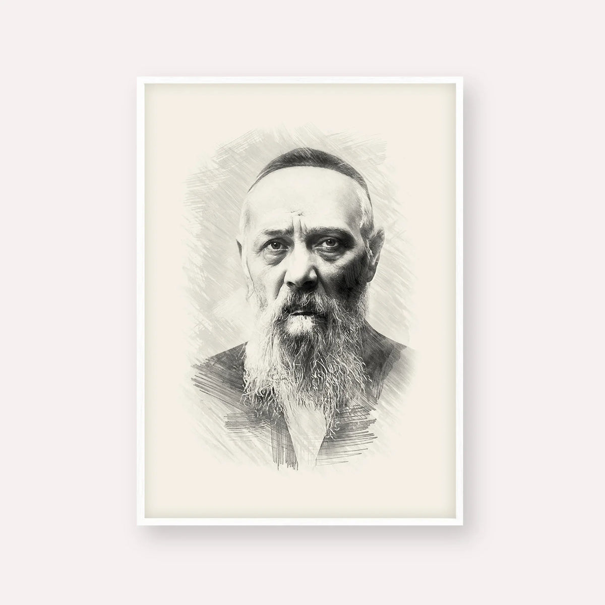 Rabbi Levi Yitzchak Schneerson – Black & White – White Frame Vertical | Jewish Wall Art, Gedolim Pictures