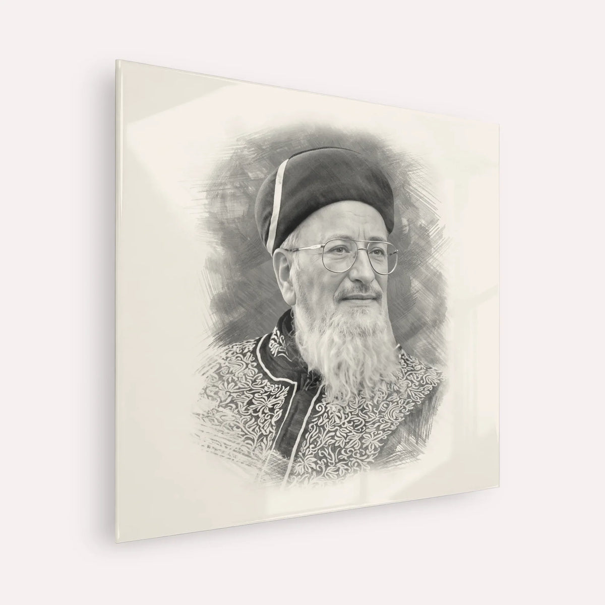 Rabbi Mordechai Eliyahu – Black & White – Acrylic Glass Square | Jewish Wall Art, Gedolim Pictures