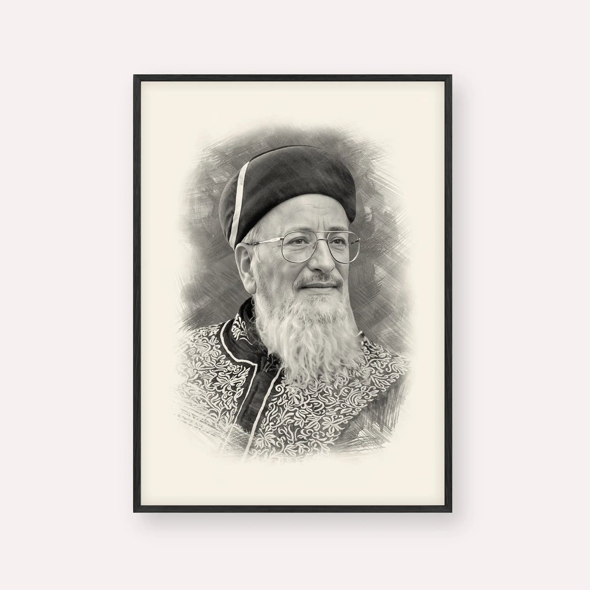 Rabbi Mordechai Eliyahu – Black & White – Black Frame Vertical | Jewish Wall Art, Gedolim Pictures