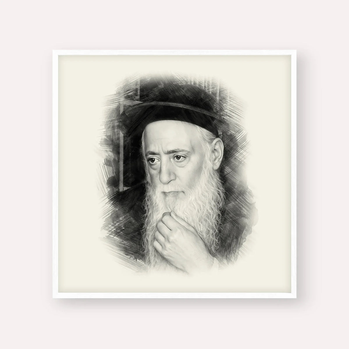 Rabbi Moshe Aharon Pinto – Black & White – White Frame Square | Jewish Wall Art, Gedolim Pictures