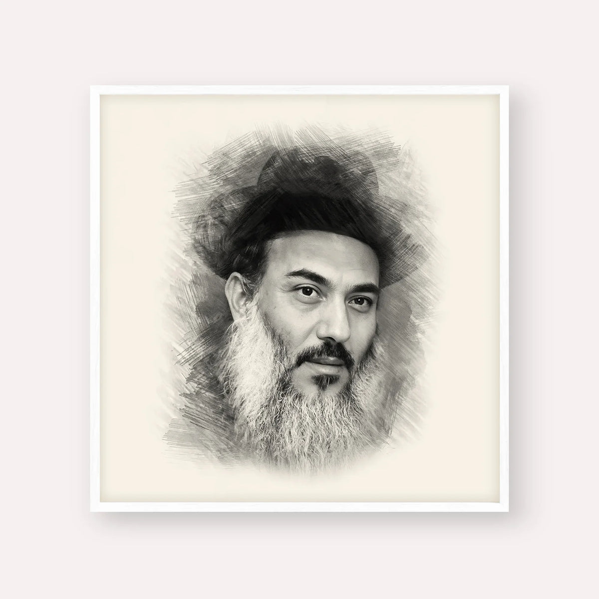 Rabbi Nissim Yagen – Black & White – White Frame Square | Jewish Wall Art, Gedolim Pictures