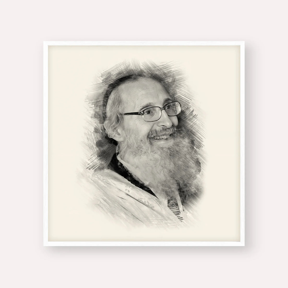 Rabbi Nosson Tzvi Finkel – Black & White – White Frame Square | Jewish Wall Art, Gedolim Pictures