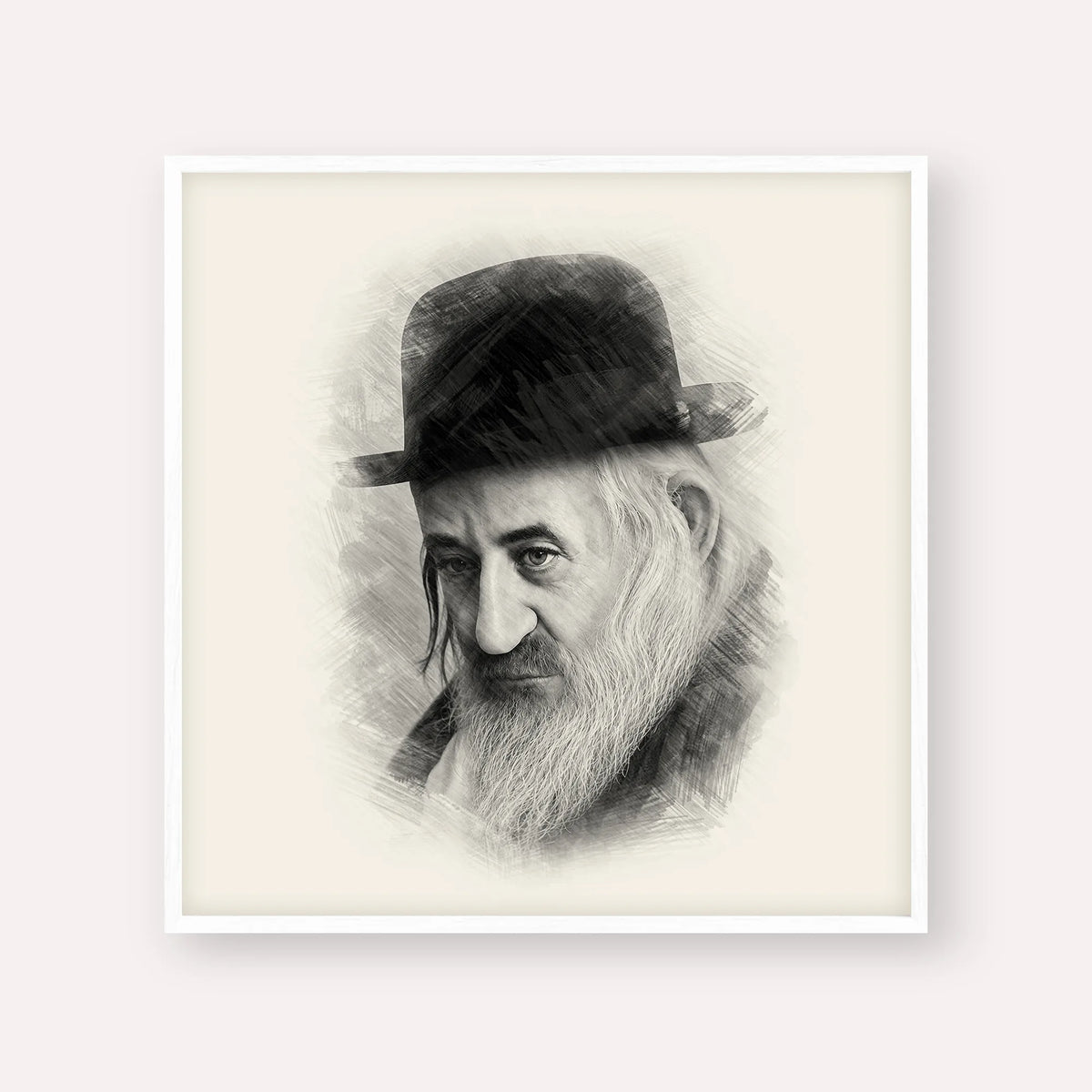 Rabbi Shaya'la of Kerestir – Black & White – White Frame Square | Jewish Wall Art, Gedolim Pictures