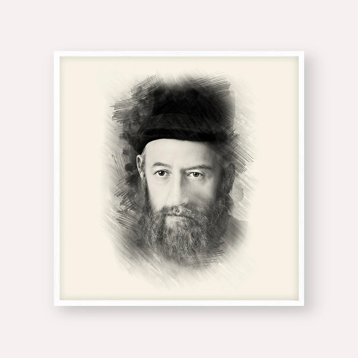 Rabbi Sholom Dovber Schneersohn – Black & White – White Frame Square | Jewish Wall Art, Gedolim Pictures