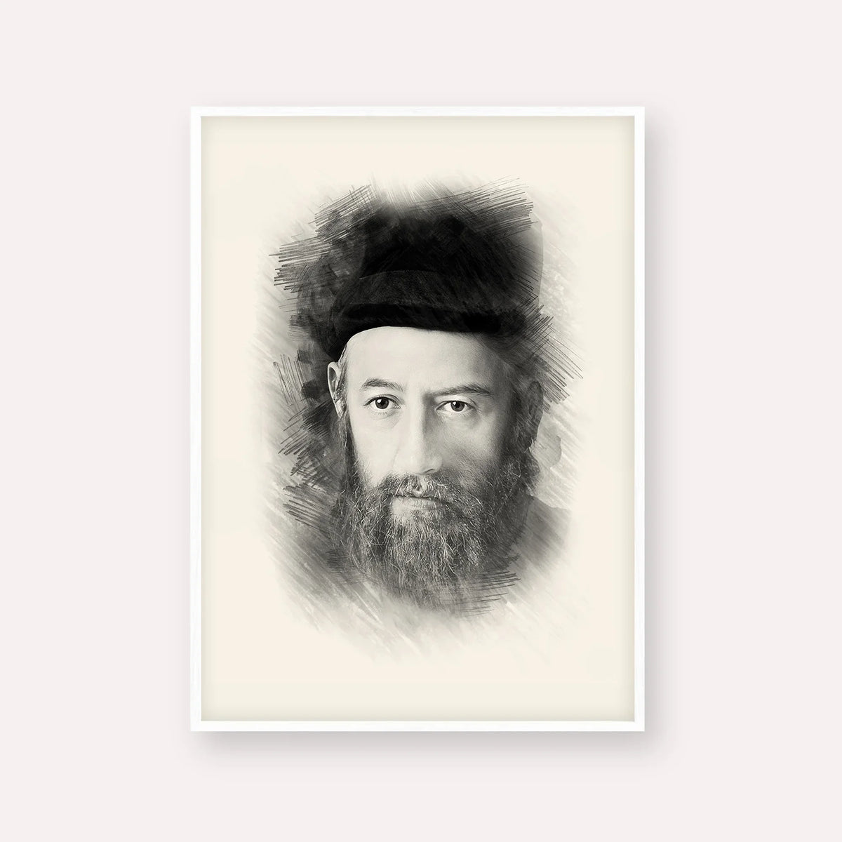 Rabbi Sholom Dovber Schneersohn – Black & White – White Frame Vertical | Jewish Wall Art, Gedolim Pictures