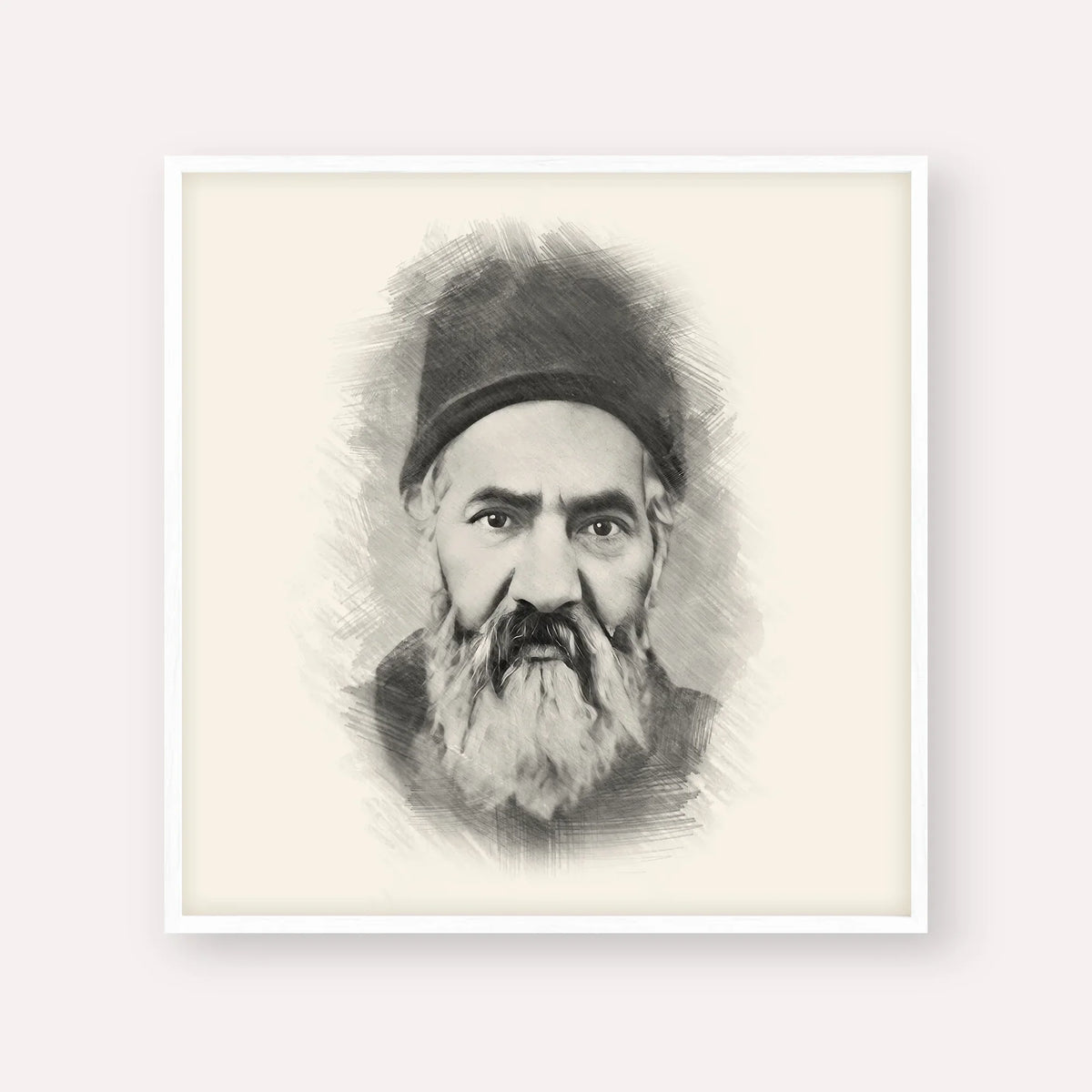 Rabbi Yaakov Chaim Sofer (Kaf Hachaim) – Black & White – White Frame Square | Jewish Wall Art, Gedolim Pictures
