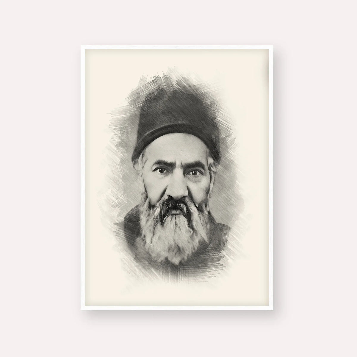 Rabbi Yaakov Chaim Sofer (Kaf Hachaim) – Black & White – White Frame Vertical | Jewish Wall Art, Gedolim Pictures