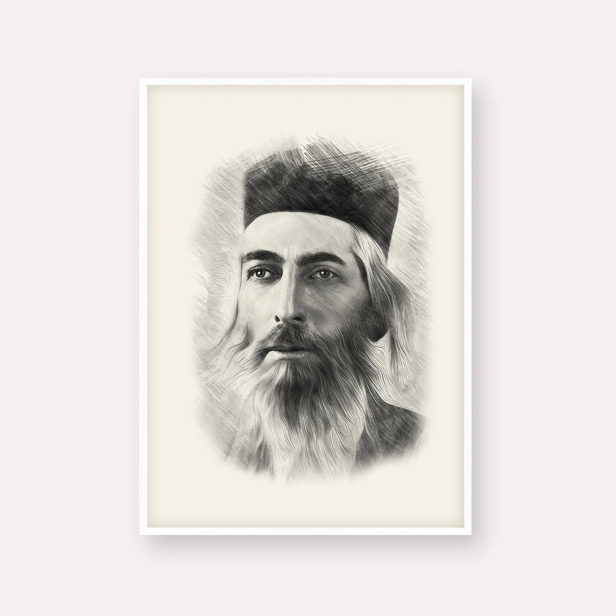 Rabbi Yaakov Yosef Herman – Black & White – White Frame Vertical | Jewish Wall Art, Gedolim Pictures