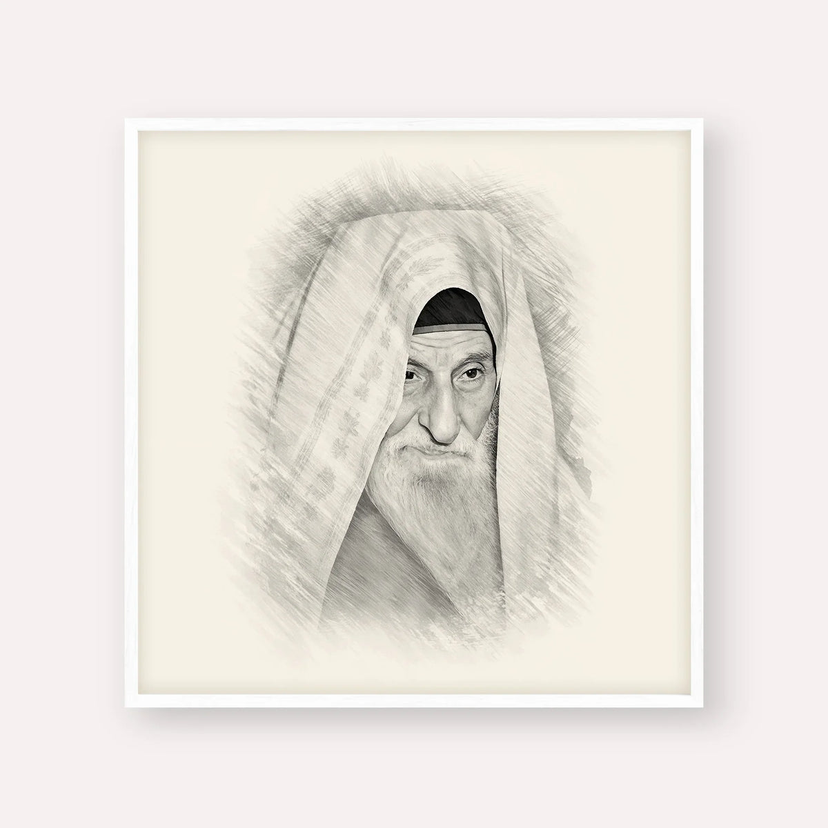 Rabbi Yitzhak Kaduri – Black & White – White Frame Square | Jewish Wall Art, Gedolim Pictures