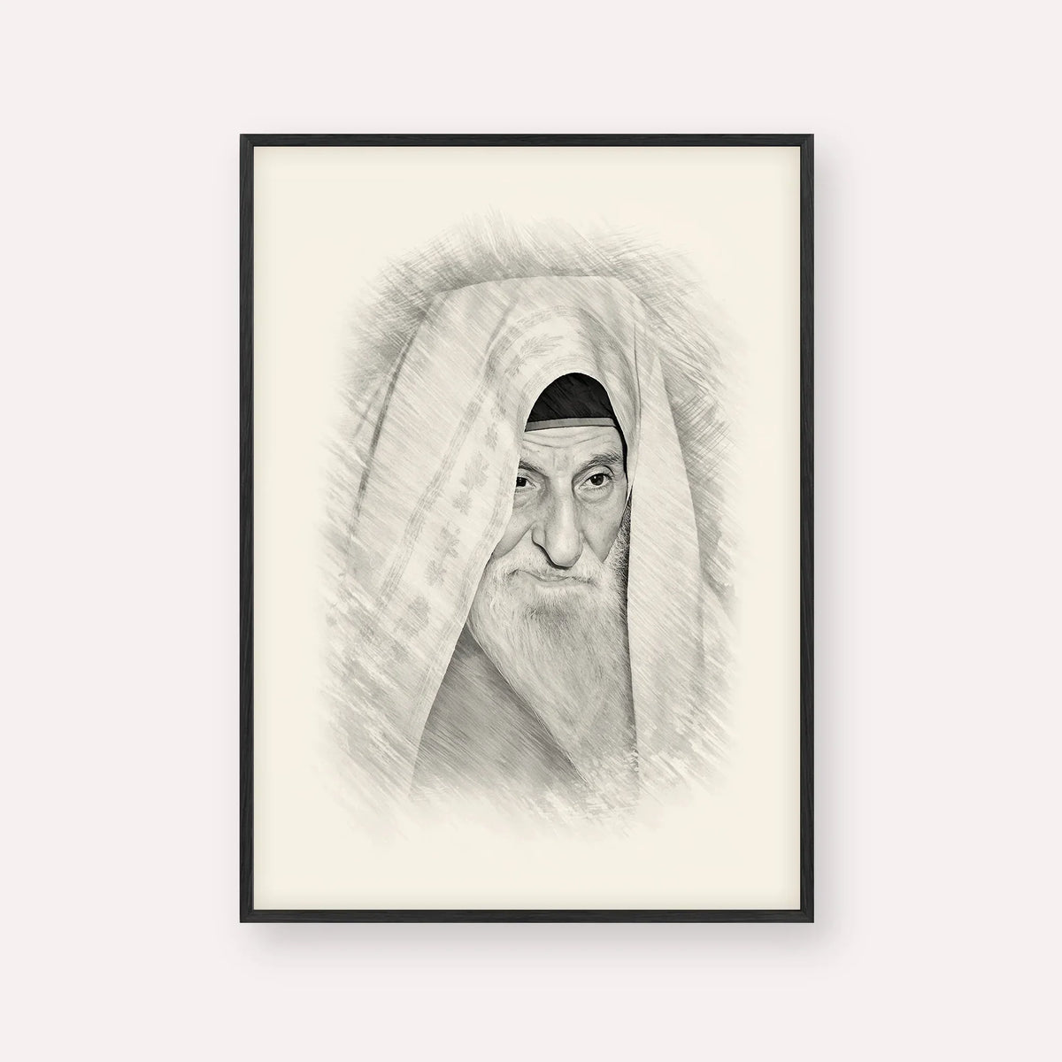 Rabbi Yitzhak Kaduri – Black & White – Black Frame Vertical | Jewish Wall Art, Gedolim Pictures