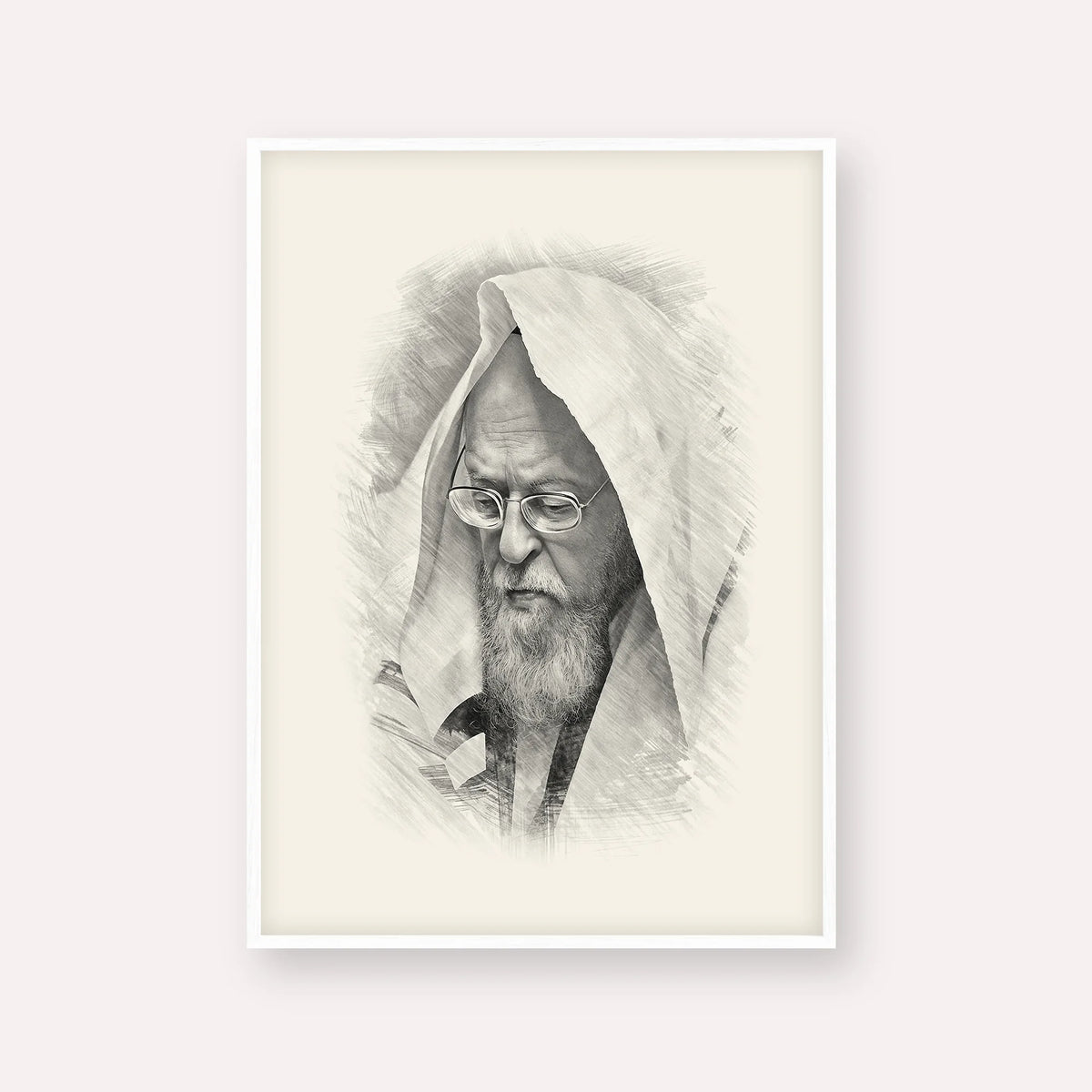 Rabbi Yosef Shalom Elyashiv – Black & White – White Frame Vertical | Jewish Wall Art, Gedolim Pictures