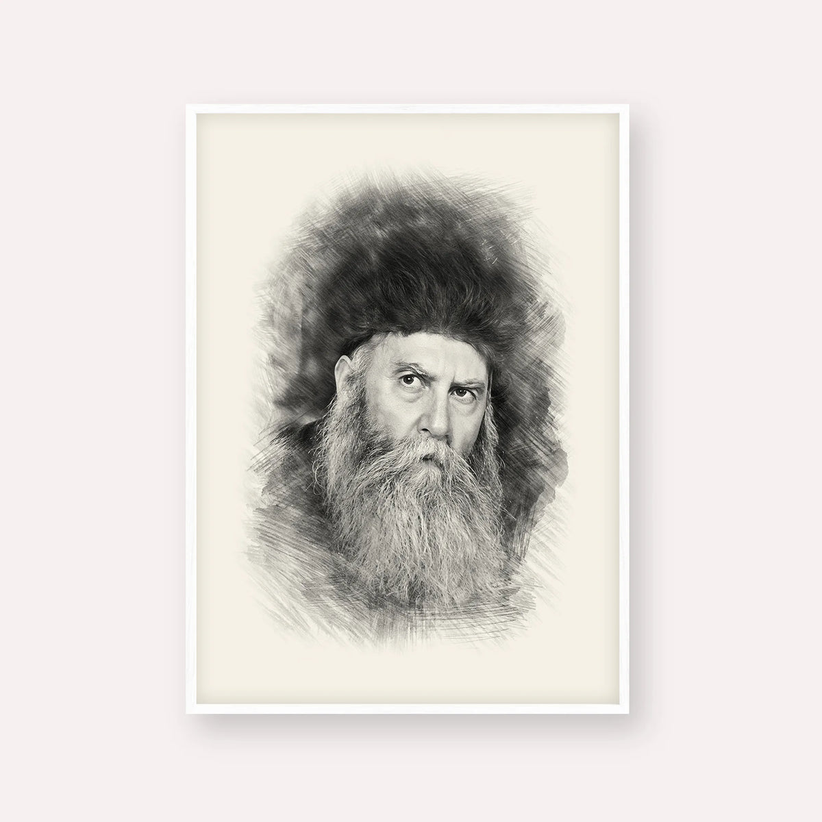 Rabbi Yosef Yitzchak Schneersohn – Black & White – White Frame Vertical | Jewish Wall Art, Gedolim Pictures