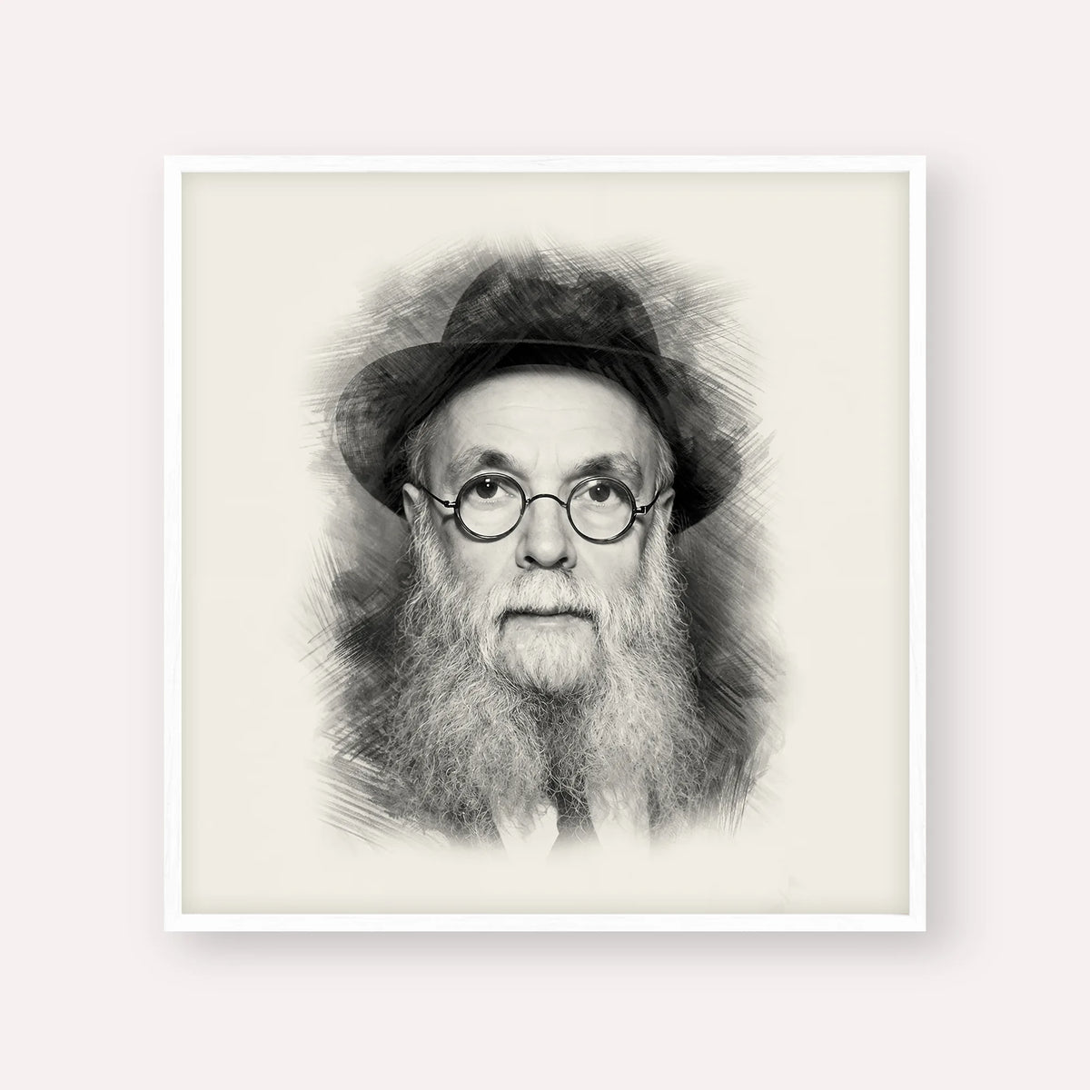 Rav Avraham Pam – Black & White – White Frame Square | Jewish Wall Art, Gedolim Pictures